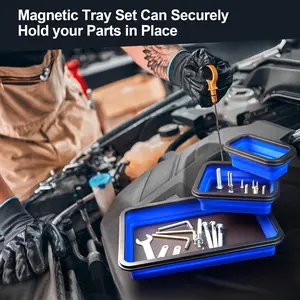 Foldable Magnetic Parts Tray Set, 3 Sizes Tool Trays for Screws Bolts Nuts Washers Pins, Blue Strong Magnet Disk, Mechanical Tool Gift