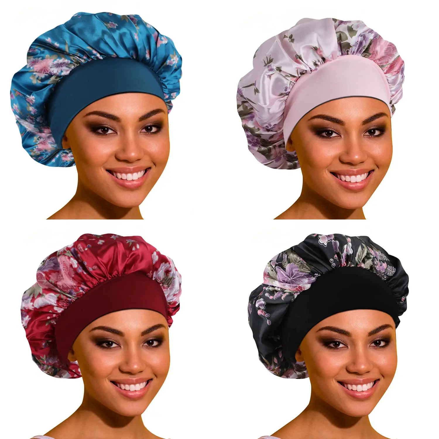 Women's 4-Pack Satin Fabric Sleeping Bonnet, Large Roomy Sleep Cap with Soft Elastic Band for Curly Hair, Braids