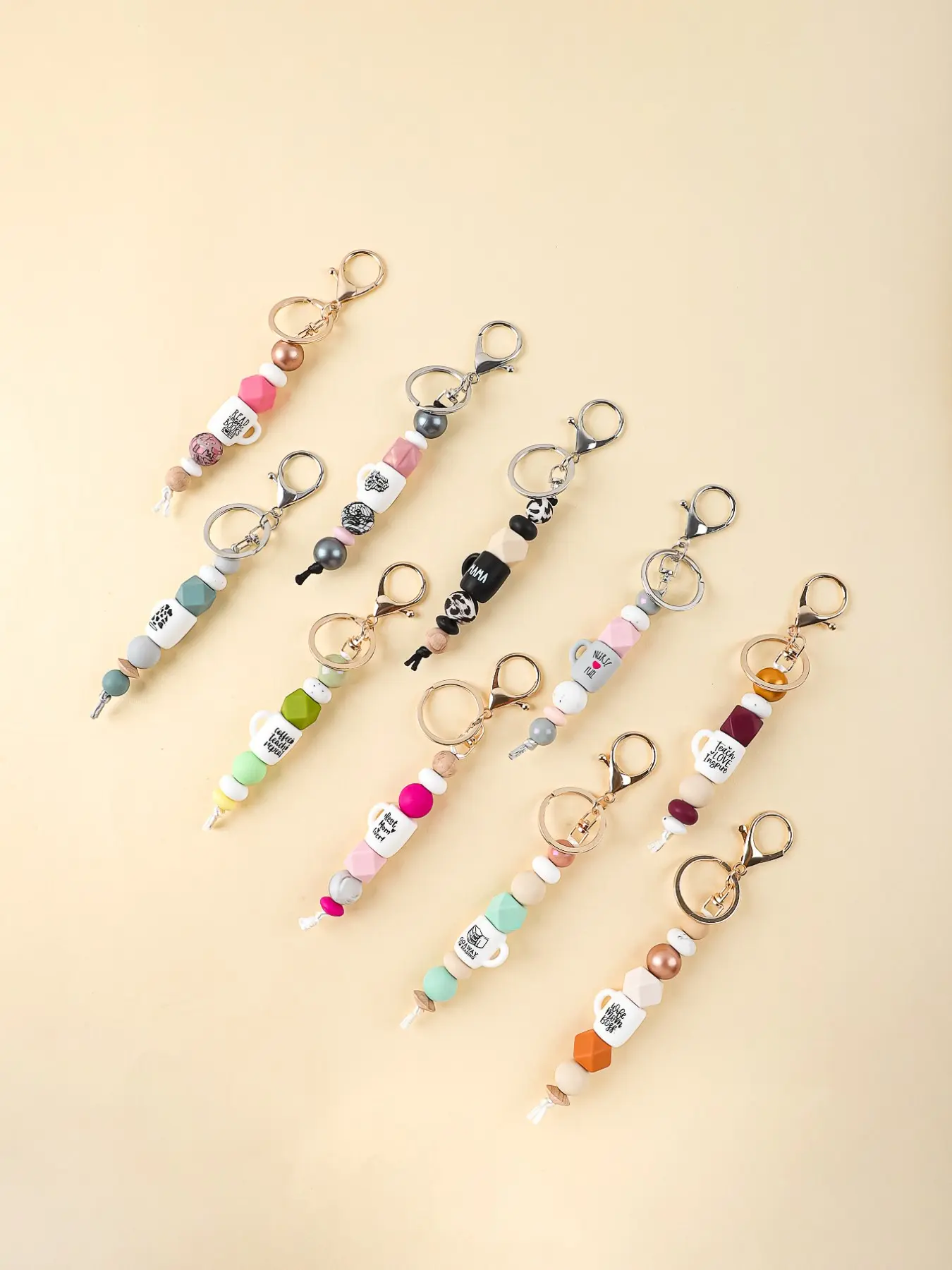1 PC Silicone Beaded Keychain, Macaron-Colored Silicone Cup Keychain, Handmade Beaded Leopard Print Letter Keychain, Multicolor Geometric Bead Bag Charm, Metal Keyring, Cup-Shaped Keychain, Cute Style, Minimalist Style