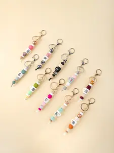 1 PC Silicone Beaded Keychain, Macaron-Colored Silicone Cup Keychain, Handmade Beaded Leopard Print Letter Keychain, Multicolor Geometric Bead Bag Charm, Metal Keyring, Cup-Shaped Keychain, Cute Style, Minimalist Style