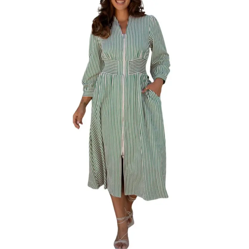 Asvivid Women's Stripe V Neck Zip Front Cinched High Waist Midi Elegant Dress  Casual Chic Striped Long Sleeve Fall Dresses Fashion Outfits Womenswear -  TikTok Shop