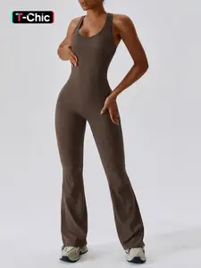 Women's Solid Cut Out Backless Sports Tummy Control Jumpsuit, Quick Drying U Neck Sleeveless Jumpsuit for Yoga Gym Workout, Ladies Sportswear for Summer