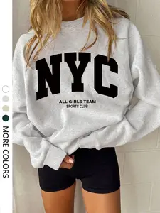 Women's Nyc Letter Print Hoodie, Ribbed Neck and Cuffs, Casual Loose-Fitting Pullover Sweatshirts, Perfect for Spring and Fall