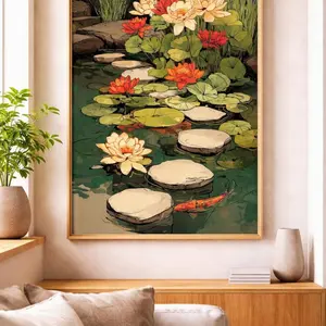 Anime Koi and Lotus Pond Poster Wall Art: Zen Water Lily Wall Art | Unframed P