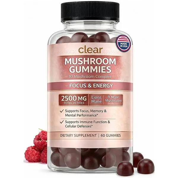 10-in-1 Super Mushroom Gummies for Focus & Energy | Powerful Blend with Cordyceps, Reishi, Chaga & Turkey Tail | Brain, Memory, Mental Clarity & Immune Support | Raspberry Flavor | 60 Gummies