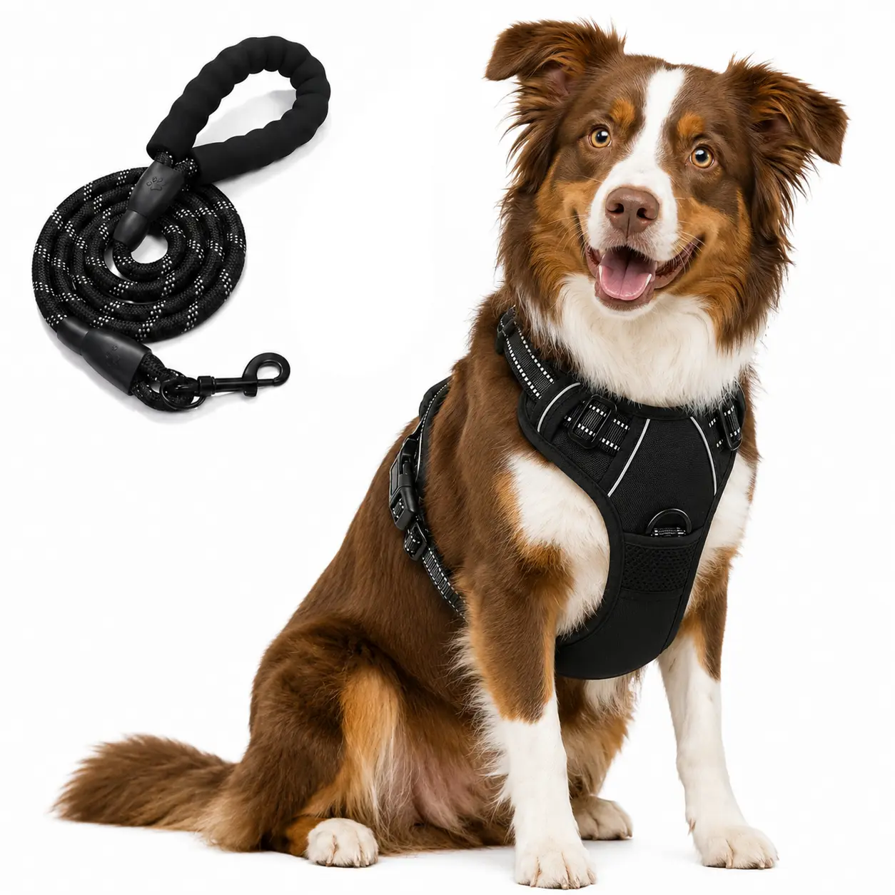 No Pull Dog Harness with 5ft Leash, Adjustable Reflective Oxford Dog Harness Set with Easy Control Handle, Soft Padded No Choke Pet Vest, Front & Back Leash Clips for Medium Large Dogs, Walking Training Harness