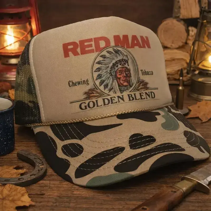 Red Man Golden Blend Trucker Hat - Summer Chewing Toobacco Drinking Cap Tan Camo Snapback Hat for Hunting and Partying