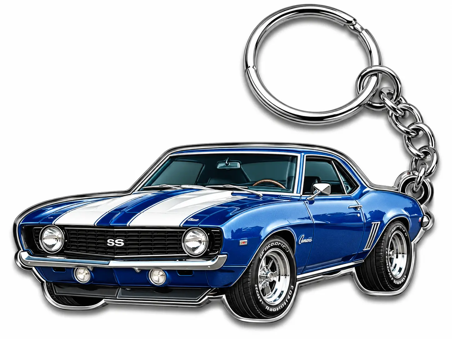 Blue Camaro SS Keychain – Vintage Muscle Car Key Ring, Retro American Car Accessory, Gift for Camaro Fans & Car Lovers