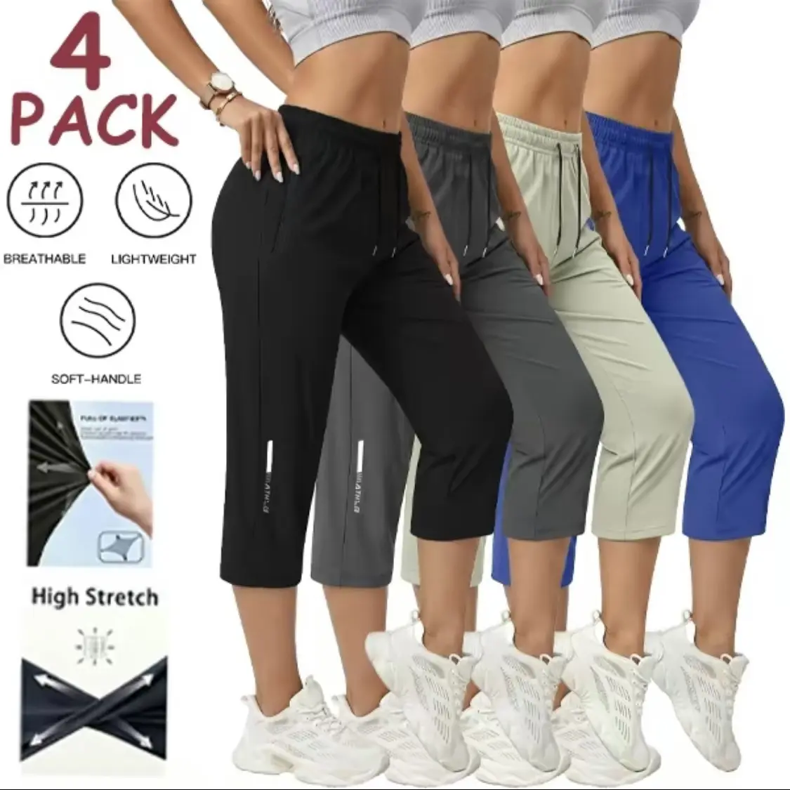 Women’s casual, comfortable loose pants set with pockets, stretchy fabric, and a summer style; women’s three-quarter length. Activewear casual clothing, suitable for summer beach trips and vacations;