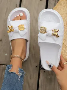 Women's Cute Bear Decor Slides, Casual Comfortable Non-slip Eva Slides for Summer, Lightweight Breathable Trendy Casual Slippers for Indoor & Outdoor Wear, Girl, Footwear