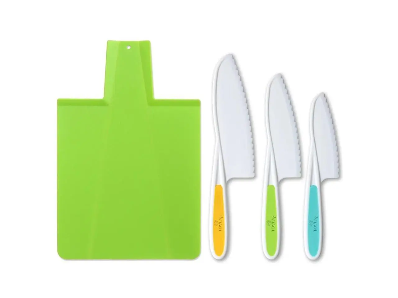 Tovla Jr. Kids Kitchen Knife and Foldable Cutting Board Set: Children's Cooking Knives in 3 Sizes & Colors - Firm Grip, Serrated Edges, BPA-Free Kids' Knives/Safe Lettuce and Salad Knives - Green