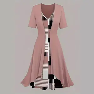 Women's Elegant 2P Set - V-Cardigan Jacket and Geometric Print Dress, Polyester 95% Elastic Fiber 5%, Four Seasons Knit Fabric Clasp-Back Pleated Midi