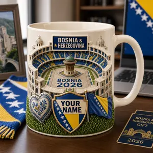 Personalized Bosnia Herzegovina Mug 2D Printed 3D Effect, Custom Name Ceramic Coffee Cup with Stadium, Flag and 2026 Design, Gift for Football Fan