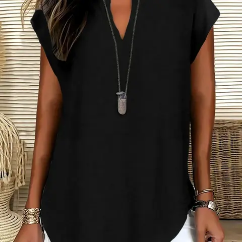 Plus Size Solid Color V-Neck Casual Loose Blouse, Y2K Summer Daily Wear, Trendy Minimalist Top, Comfortable Relaxed Fit, Stylish Party Aesthetic Outfit