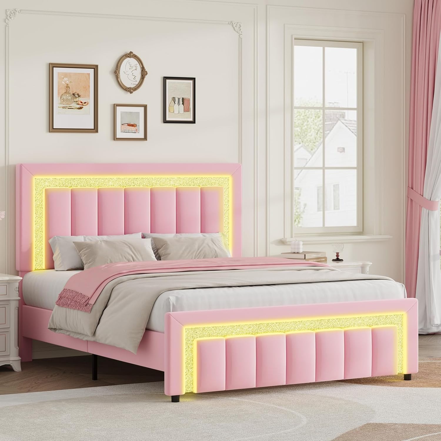 HOMBCK Bed Frames with LED Lights and Velvet Upholstered Headboard, Bed Frame with Modern Diamond Headboard Adjustable, Wooden Slats Support, Noise Free, No Box Spring Needed