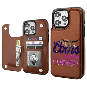 Coors Beer Cow Cowboy Creative Trendy Vintage Western Style Card Holder Wallet Aesthetic Pattern Brown Casing For iphone 16 15 14 13 12 PRO PLUS MAX PU Leather Stylish Gift Shockproof Protection Anti-Drop Protective Protector Phone Cases Shell Cover