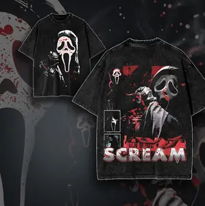 Ghost Face Scream Horror Premium Acid Wash T-Shirt, Halloween Merch Friday The 13th Merch, 80s Horror T-shirt, Slasher Movie Apparel For Fans Menswear