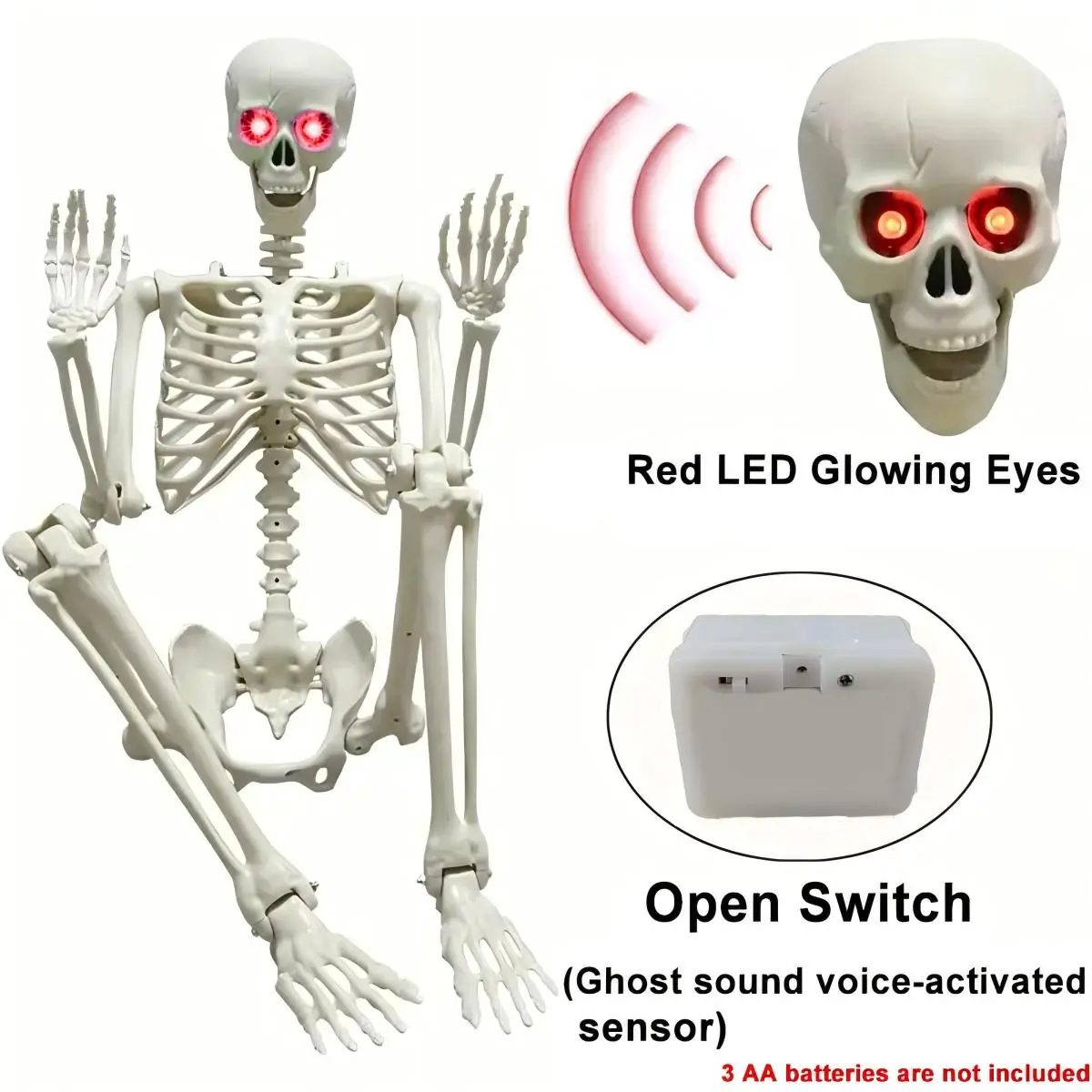 New 65 inches Halloween skeleton, poseable realistic skeleton, eyes will glow and make scary sounds, plastic skeleton joints can be movable, can be used as graveyard props, indoor and outdoor haunted house party decorations, Halloween decoration props