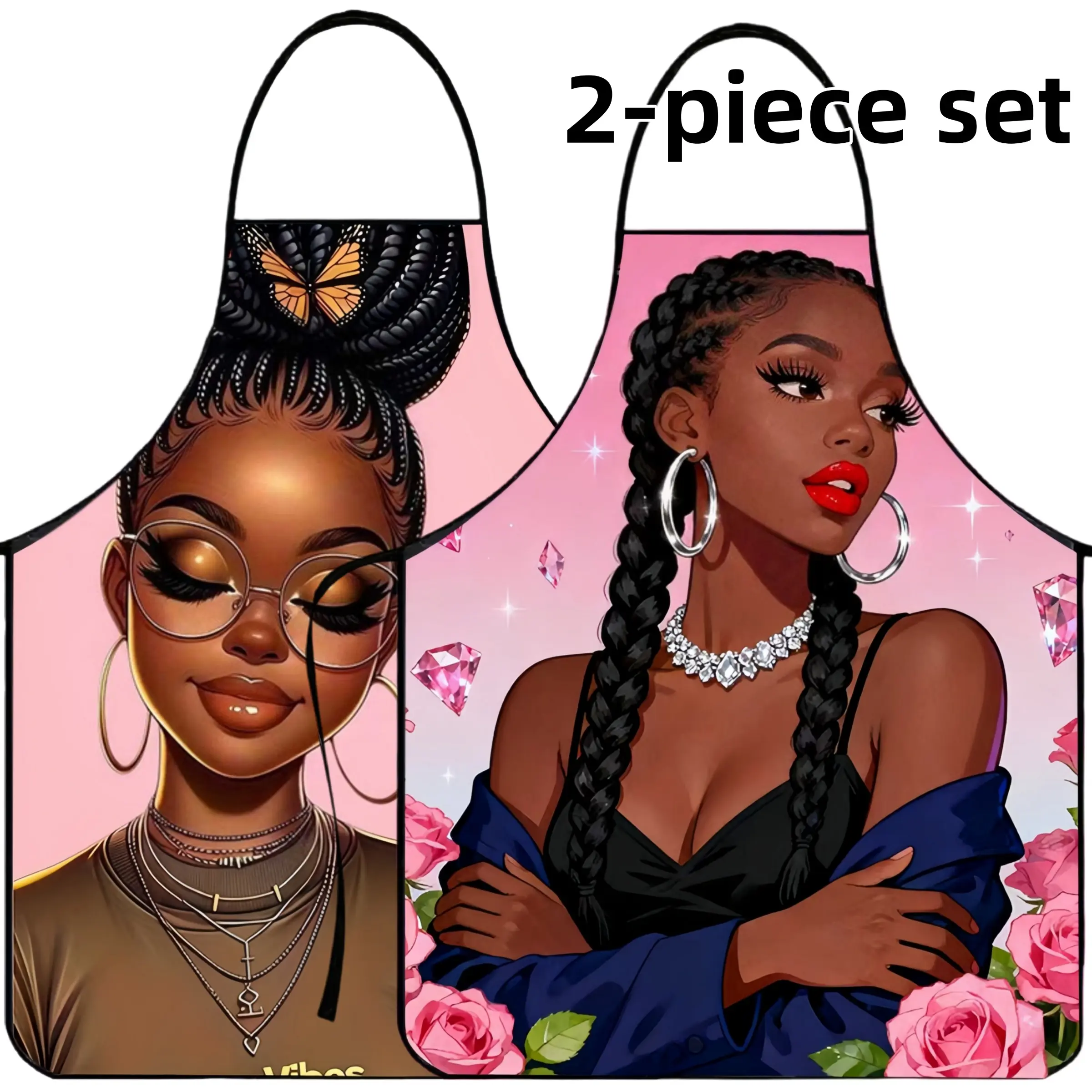 Black Girl Pattern Apron, 2 Piece Set Polyester Kitchen Apron for Cooking,Christmas Gift,Valentine's Day Gift,  Winter Apron for Women,Nails Design Tool,Nail Tech,Nails Art,Nails First,Nails Ideas