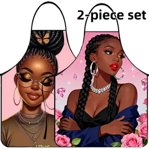 Black Girl Pattern Apron, 2 Counts  Polyester Kitchen Apron for Cooking,Christmas Gift,Valentine's Day Gift,  Winter Apron for Women,Nails Design Tool,Nail Tech,Nails Art,Nails First,Nails Ideas