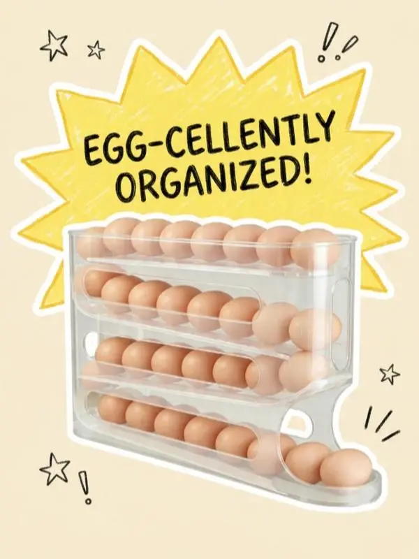 4-layer auto-rolling egg dispenser rack, transparent plastic auto-slide egg storage organizer, space-saving egg container for fridge and countertop
