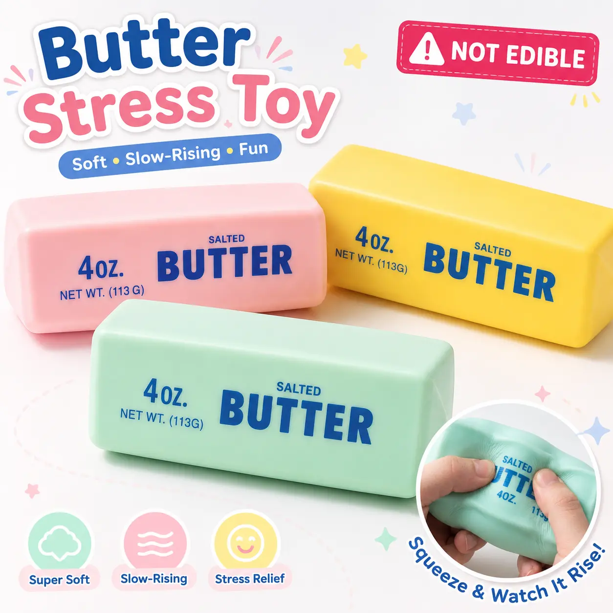 Butter Squishy Stress Toy, Slow-Rising Soft Squeeze Fidget Toy, Realistic Butter-Shaped Sensory Toy for Adults & Teens, Cute Desk Toy & Gift, Not Edible