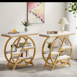 Modern Rustic 4-Tier Slim End Table with Large Storage, Featuring Circular Design, Wooden Construction & Dual Shelves