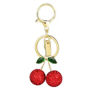 Rhinestone Green Leaf Cherry Bag Charm, Luxury Keychain, Stylish Bag Decor, Fruit Charm