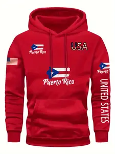 Men's New Fashion American Letter & Geometric Print Casual Knit Hoodie Sweatshirts with Drawstring, Comfortable Long Sleeve Fitted Winter Top for Daily Wear