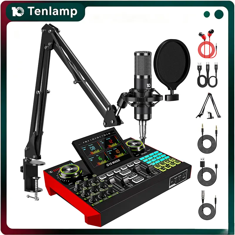 Tenlamp G10-P15 Professional 48V Portable Bluetooth Stereo Audio Mixer Kit - DJ Sound Effects, Voice Changer, Noise Reduction, Dual-Cell Live Streaming, Tripod & Cables Compatible with iPhone, Android, PC, Card Recording (Ideal for Weddings, Daily Use), D