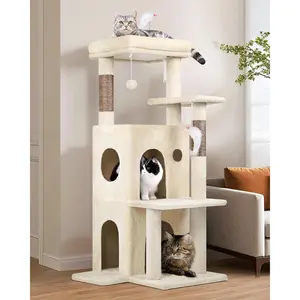 Indoor cat climbing frame, 50inch large adult cat climbing frame, equipped with steps, scratching posts, 2 cat beds, hanging toys, FC50, beige