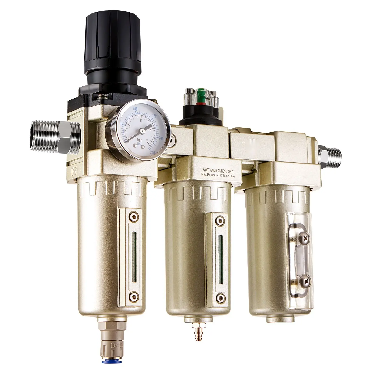 Air Compressor Filter Regulator 3/4 NPT, 3-Stage 5 Micron 0.3 Micron 0.1 Micron Filtration With Desiccant Dryer, Auto Drain Water Separator, Inline Moisture Trap, 175 PSI Maximum Pressure