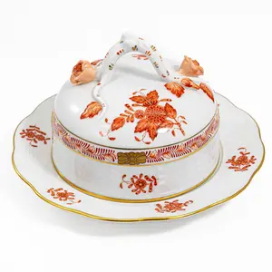 Herend "Chinese Bouquet Rust" Covered Butter Dish w/ Rose Handle