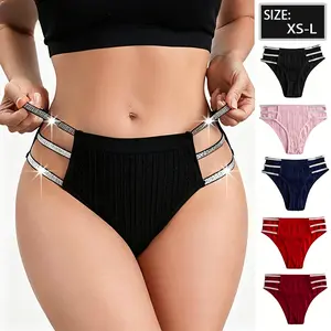Payina Women's Seamless Cut Out Briefs - 5,10,15-Pack Minimalist Knickers with Glitter Shiny Elastic Waistband, Ribbed Striped Design, Strap Accents, Bling Details, Assorted Colors, Soft Comfy Underwear for Women