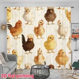 2D Flat 2Pcs Cartoon Chicken Pattern Curtains, Farm Animal Themed Window Decor, Semi Sunshade Polyester Fabric, for Living Room, Bedroom, Balcony, Kitchen, Study Decoration, Accessory, Anti Privacy.