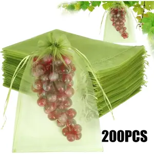 200Pcs Fruit Protection Bags, 4x6 Inch Green Strawberry Netting Cover Drawstring Mesh Bags Pest Barrier for Blueberry Small Fruit