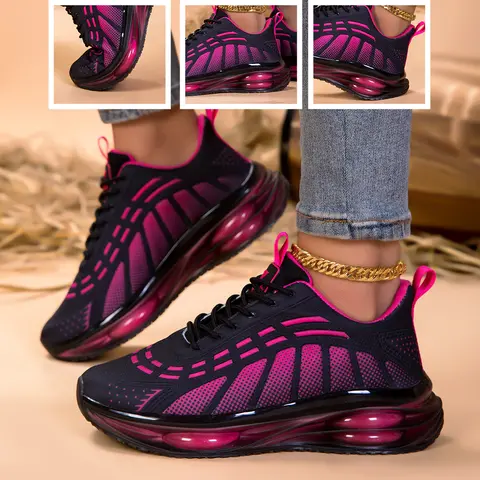 Women's Mesh Fabric Athletic Sneakers - Low Top, Breathable Gradient Knit, Full Air Cushion Shock Absorption, Sweat-Wicking Cloth, Lace-Up, Sporty Chic - Ideal for Sports, Outdoors | Meshshoes, Female Casual Trainers, Women's Sneakers, Tenis para Mujeres