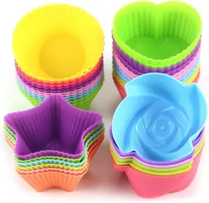 Silicone Cupcake Liners Reusable Baking Cups Nonstick Easy Clean Pastry Muffin Molds 4 Shapes Round, Stars, Heart, Flowers, 24 Pieces Colorful