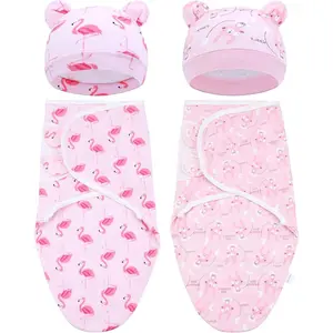 2 Pieces Adjustable Soft Cotton Baby Swaddle Sleep Sacks Hats Newborn Nursery Caps Beanies Bonnets Swaddle Blanket Wraps for Baby Girls Boys Infants Newborns (2PCS)