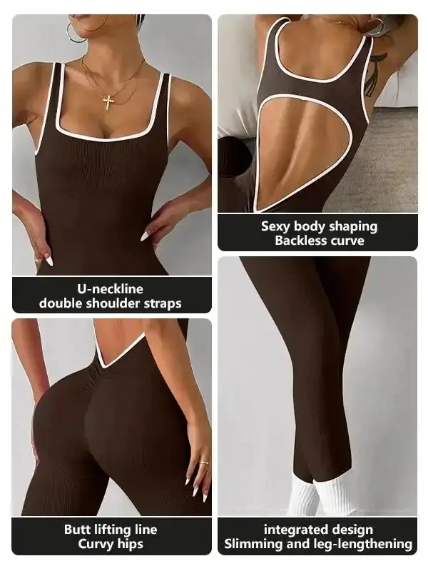 Women's Contemporary Solid Color Backless Flare Jumpsuit - Tummy Control Tight-Fitting Gym Pants, Butt Lift Yoga Romper for Pilates, Minimalist Clothing Outfits, tailored comfort, sleek line, flattering drape