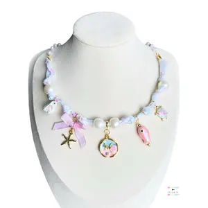 Coquette Garden Mermaid Tea Party Fabric Charm Necklace / Handmade Tattered Edge Floral Fabric Necklace / Gold Plated Charm Necklace / Coquette Garden Collection Fabric Charm Necklace