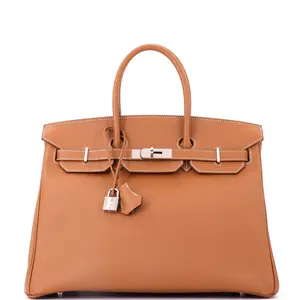 Pre-owned HERMÈS Leather Top Handle Bags Hermes Birkin Handbag Gold Epsom with Palladium Hardware 35 by Rebag
