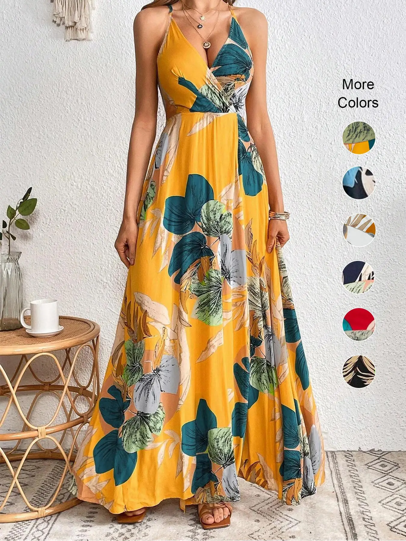 Women's Tropical Print Split Thigh Dress, Backless Hollow Out Design, Boho Style, All Season Wear, Perfect Vacation Dress