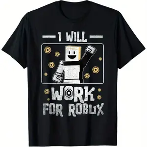 Cotton T-Shirt 'I Will Work For Robux' Pixelated Character Graphic Breathable Moisture-Wicking Casual Crew Neck Tee Multi-Season Comfort Fit Ideal Gift