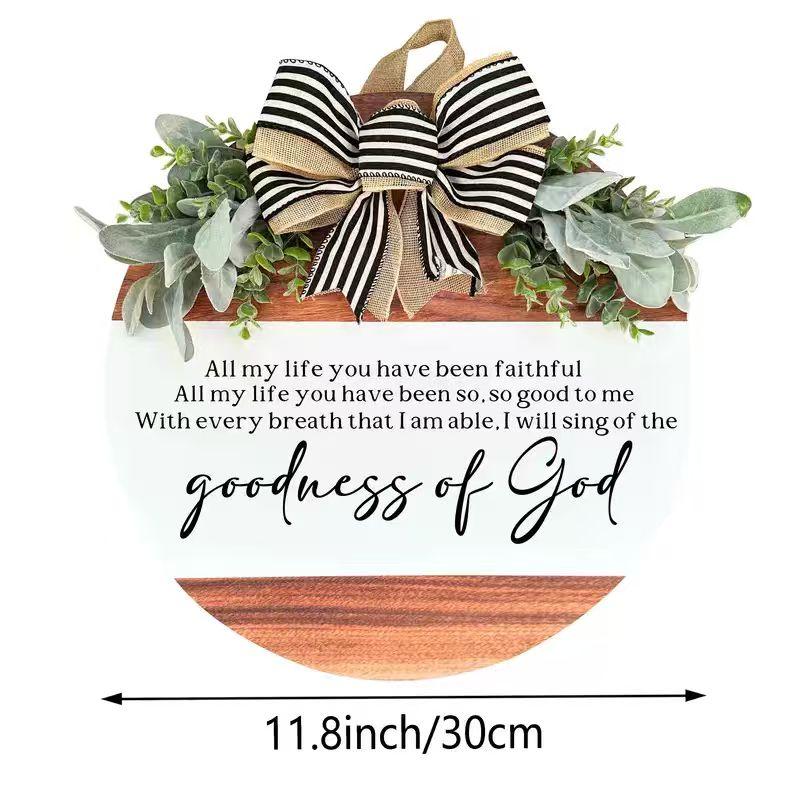 Christian Round Wooden Religious Door Hanger - 11.8 in Greenery, Goodness of God Bible Verse Sign, Smooth Lightweight Farmhouse Daily Decoration, Pre-Hung Rope Inspirational Porch Gift for Entryways