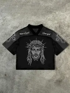 Unisex Colorblock V-Neck Short Sleeve T-Shirt, Jesus Religious Print + Breathable Mesh Fabric, Casual Streetwear, Sports, College Style, Athletic Workout Clothing