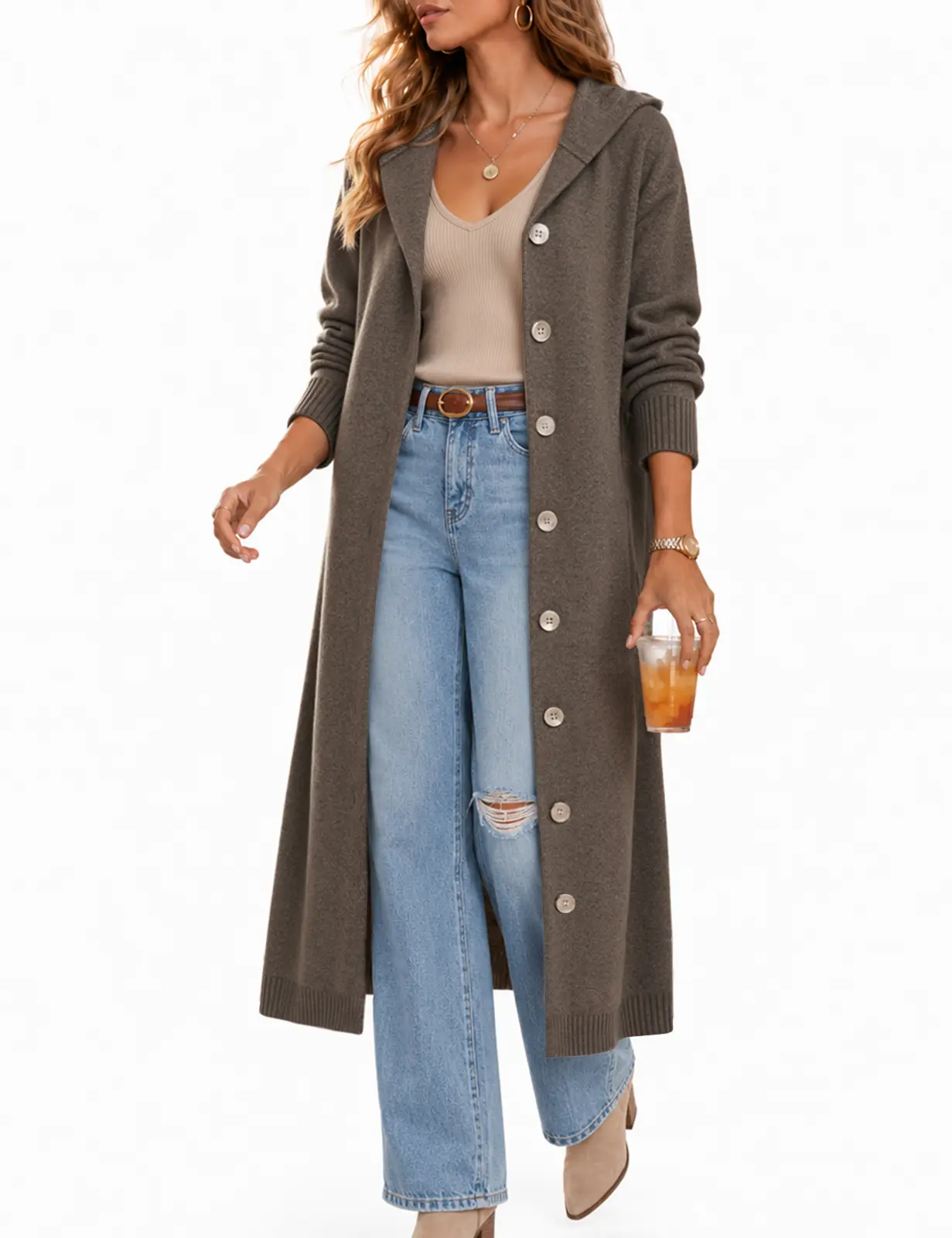CiCiBird Womens Long Hooded Cardigan Sweater Oversized Loose Fit Button Front Knit Coat with Pockets Soft Lightweight Fall Winter Outerwear for Casual Daily Wear and Layering Knitwear Womenswear