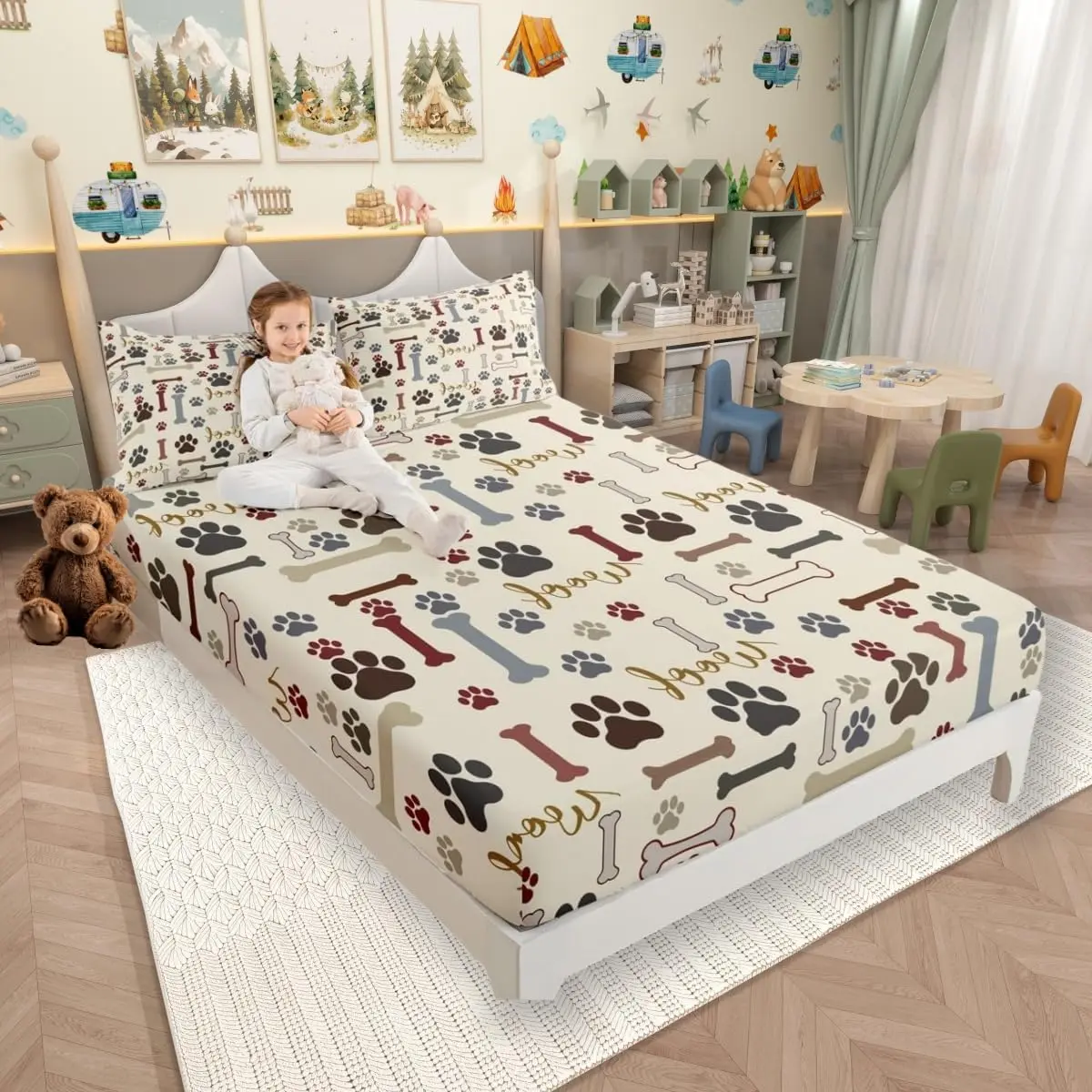 Feelyou Cartoonish Dog Paws Print Fitted Sheet - Soft Kids-Safe Bedding, Corgi & Pug Graphic Decorated Bed Cover for Kids' Bedroom Decor, Cartoonish Fitted Sheets, Decorated Fitted Sheets