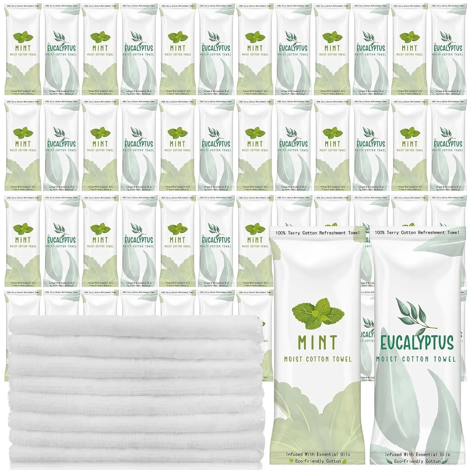 50 Pcs Individually Wrapped Scented Moist Wipes - Essential Oil Infused Terry Cotton, Hand & Moist Face Wipes for Hot or Cold Use, Face Spa Care, Travel & Gift (Mint, Eucalyptus Leaves)