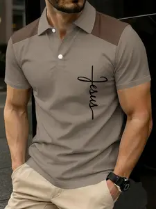 Men's Summer Fashion Business Style Polo Shirts, Jesus Handwritten Print Faith-Inspired Polo Shirts, Casual and Laid-Back, Breathable, Fitness-Friendly and Avant-Garde Style, Suitable for Business, Golf, and Spring-Summer Outdoor Sports Clothing